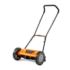 Orange and black lawn mower on a white background