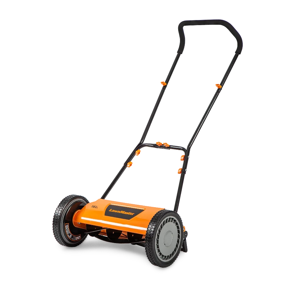 Orange and black lawn mower on a white background