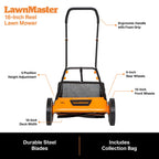 LawnMaster 18-inch reel lawn mower with features highlighted on a white background
