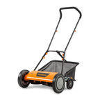 Orange and black lawn mower on a white background