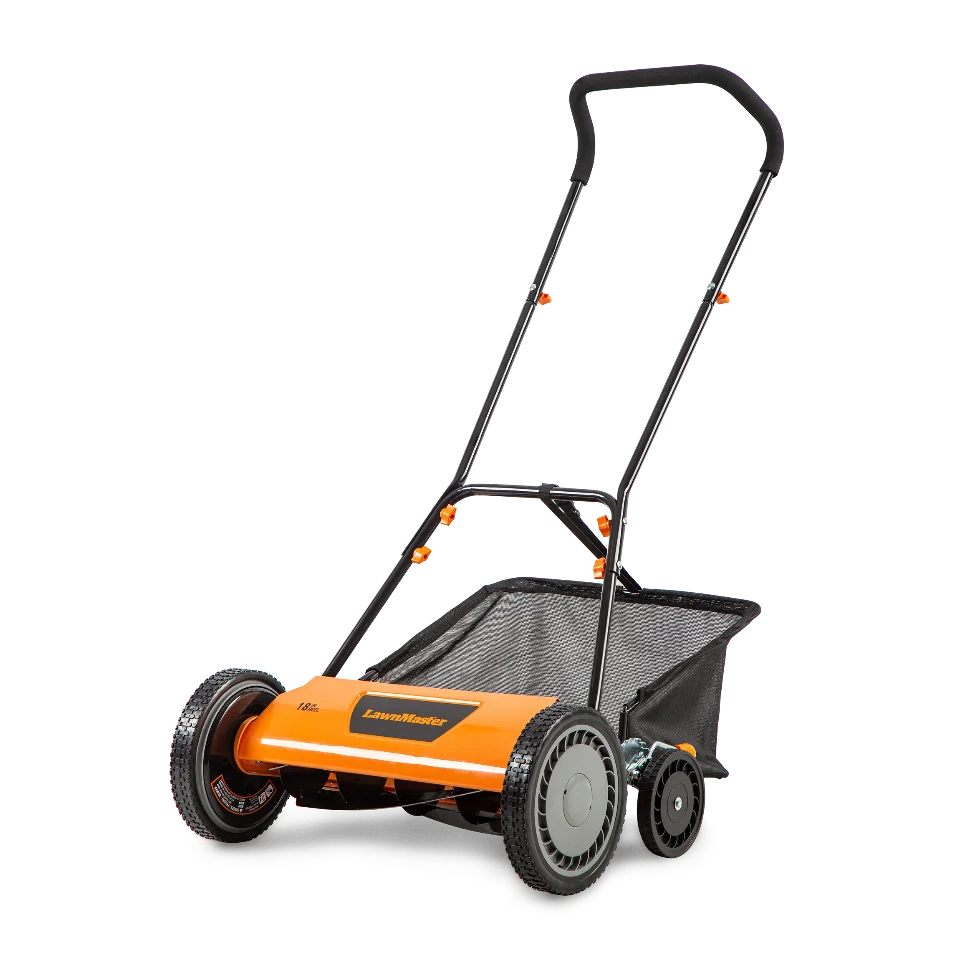 Orange and black lawn mower on a white background