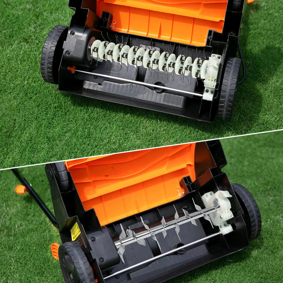 Close-up of a lawn mower's cutting deck on grass