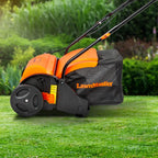 Orange and black lawn mower with grass bag on a grassy area