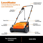 LawnMaster 12-inch electric scarifier and dethatcher with features highlighted on a white background