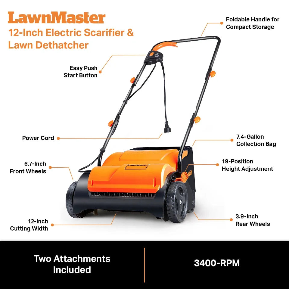 LawnMaster 12-inch electric scarifier and dethatcher with features highlighted on a white background