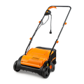 Orange and black lawn mower on a white background