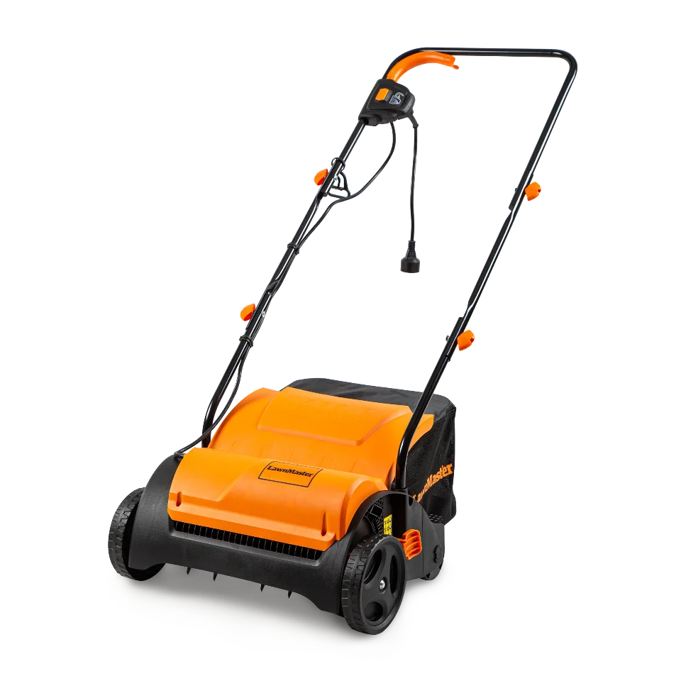 Orange and black lawn mower on a white background