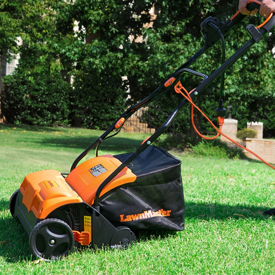 Lawn mower with grass catcher on a lawn, brand 'LawnMaster' visible