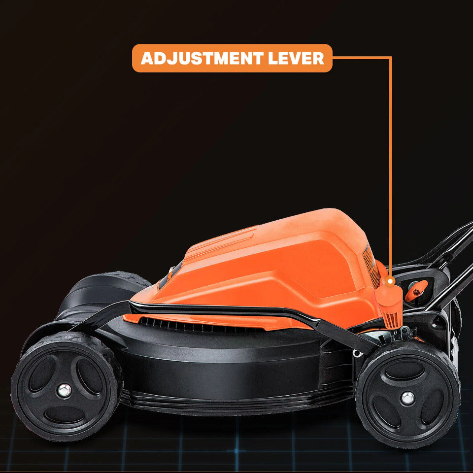Orange and black lawn mower with an adjustment lever highlighted on a black background