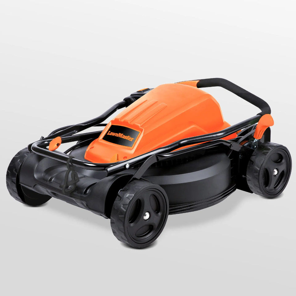 Orange and black lawn mower on a light gray background