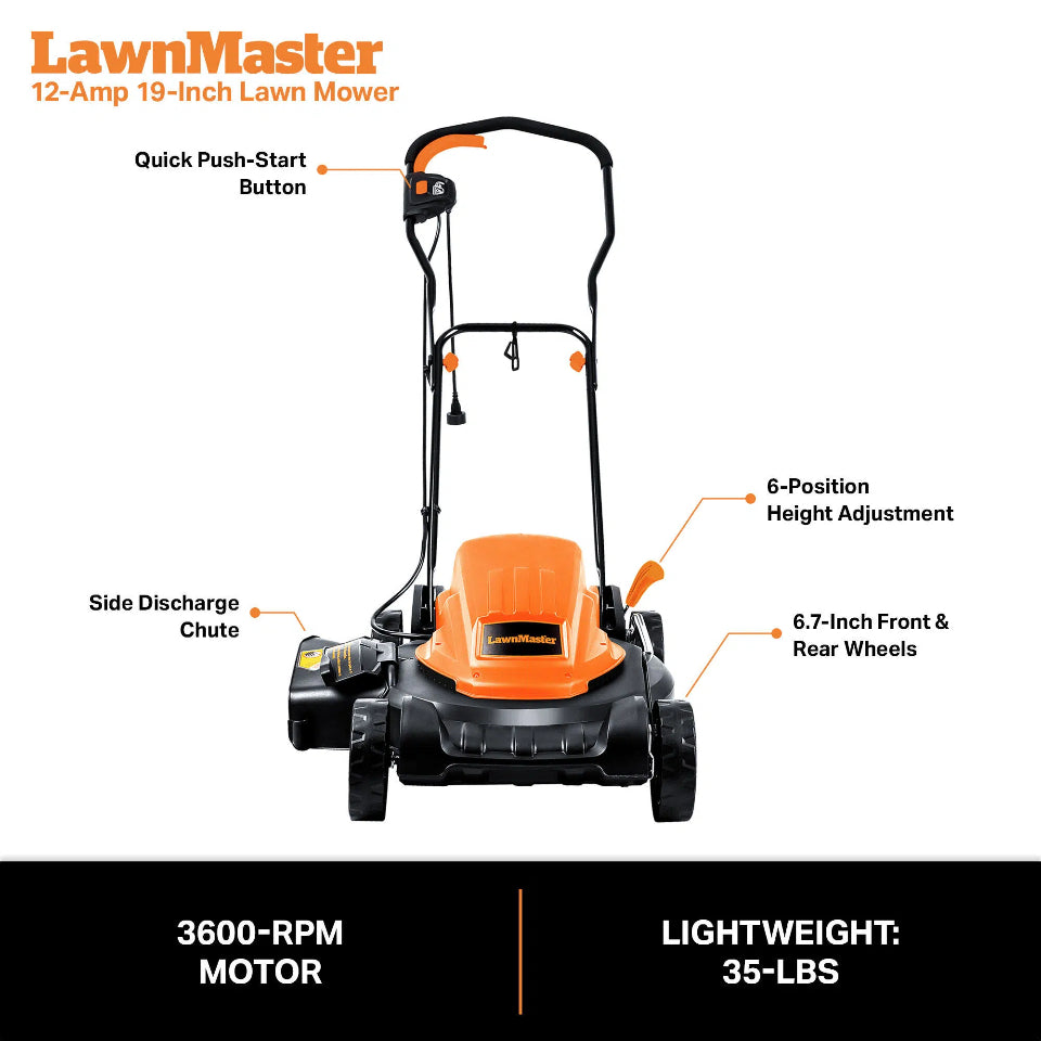 LawnMaster 12-Amp 19-Inch Lawn Mower with features highlighted on a white background