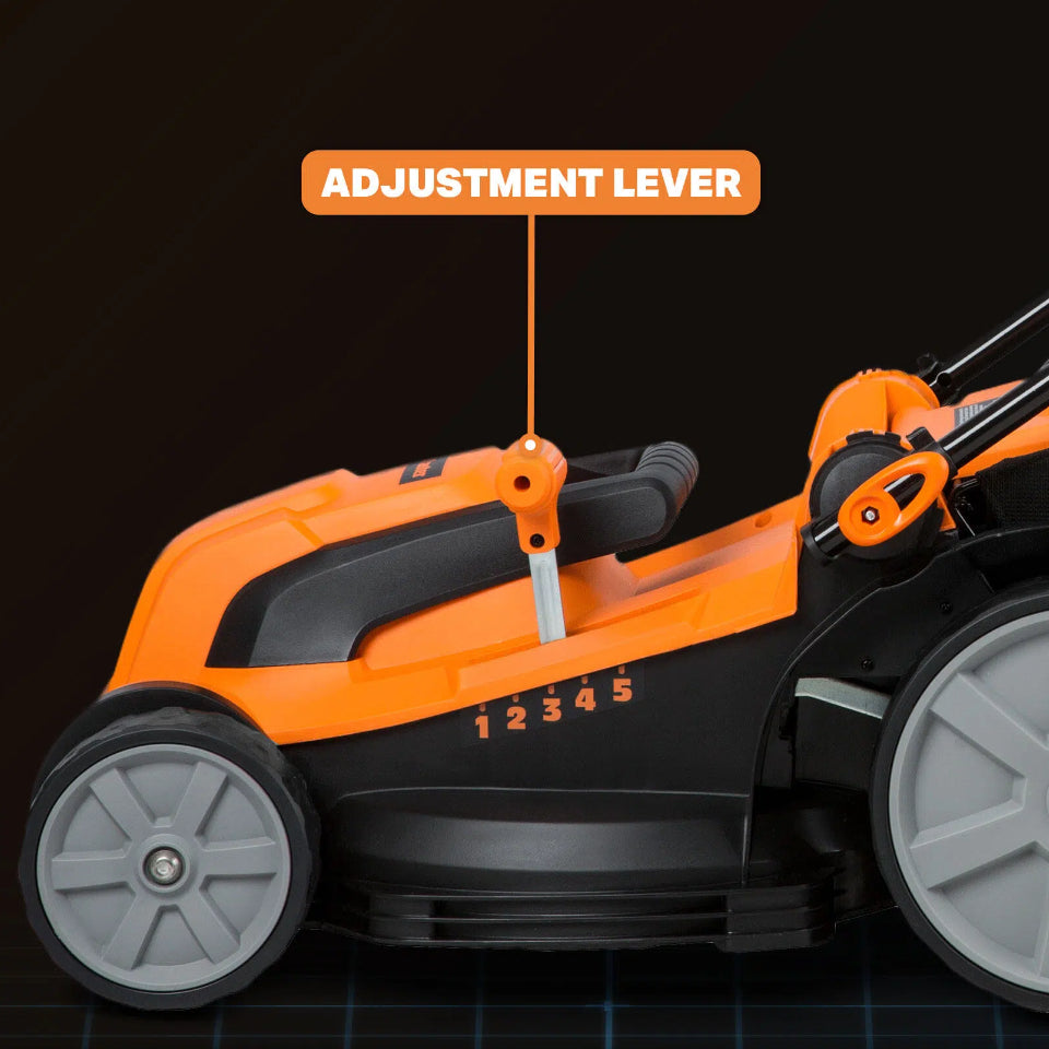 Orange and black lawn mower with an adjustment lever highlighted on a black background