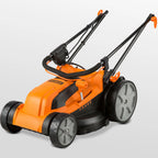 Orange and black lawn mower on a light gray background