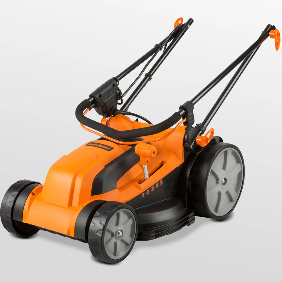 Orange and black lawn mower on a light gray background