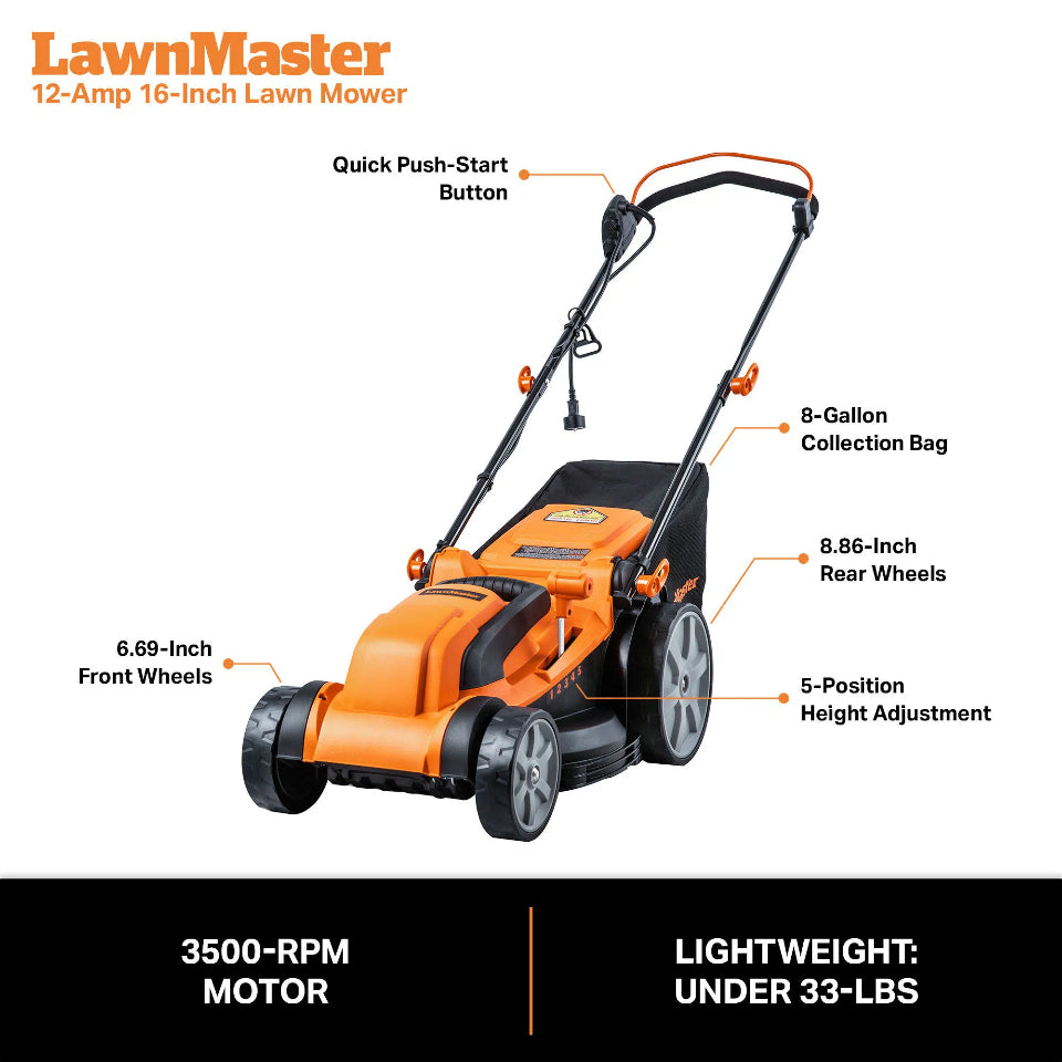 LawnMaster 12-Amp 16-Inch Lawn Mower with features highlighted on a white background