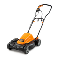Orange and black lawn mower on a white background