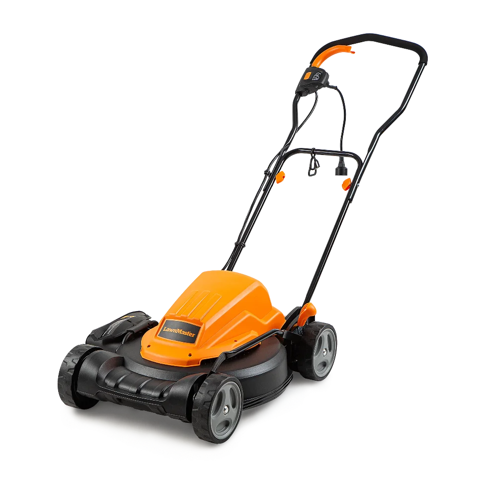 Orange and black lawn mower on a white background
