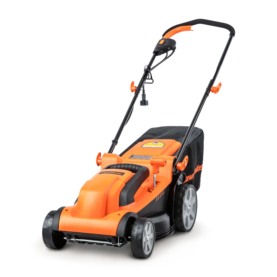 Orange and black lawn mower on a white background