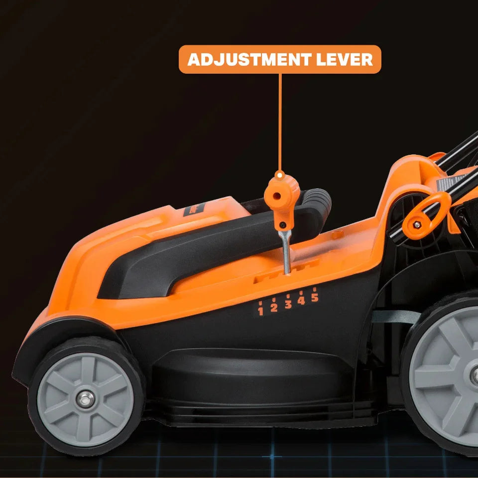 Orange and black lawn mower with an adjustment lever highlighted on a black background