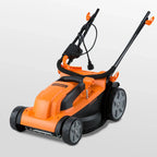 Orange and black lawn mower on a light gray background