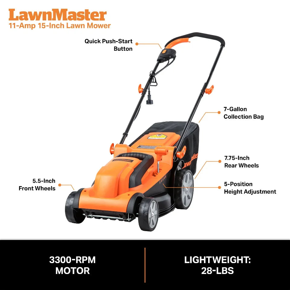 LawnMaster 11-Amp 15-Inch Lawn Mower with features highlighted on a white background