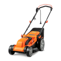 Orange and black lawn mower on a white background