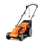 Orange and black lawn mower on a white background
