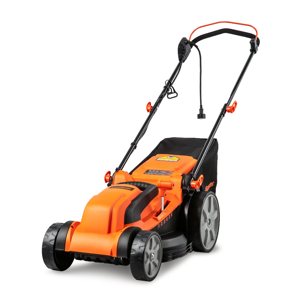 Orange and black lawn mower on a white background