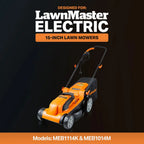 Orange and black lawn mower with 'LawnMaster Electric' branding on a dark background