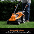 Person using a Worx lawn mower on grass with text about increased efficiency.