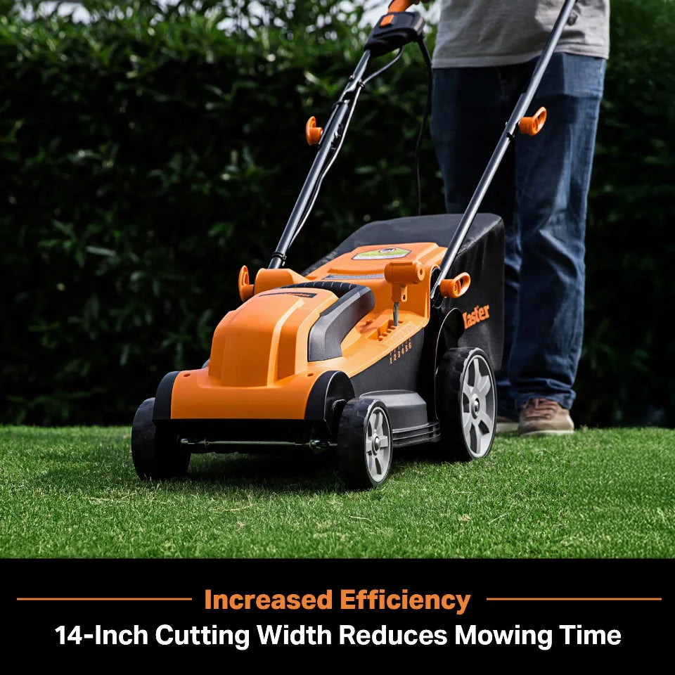 Person using a Worx lawn mower on grass with text about increased efficiency.