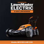 Orange and black LawnMaster electric lawn mower on a dark background with branding text.