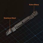 Knife blade with 'Stainless Steel' and 'Extra Sharp' labels on a dark background