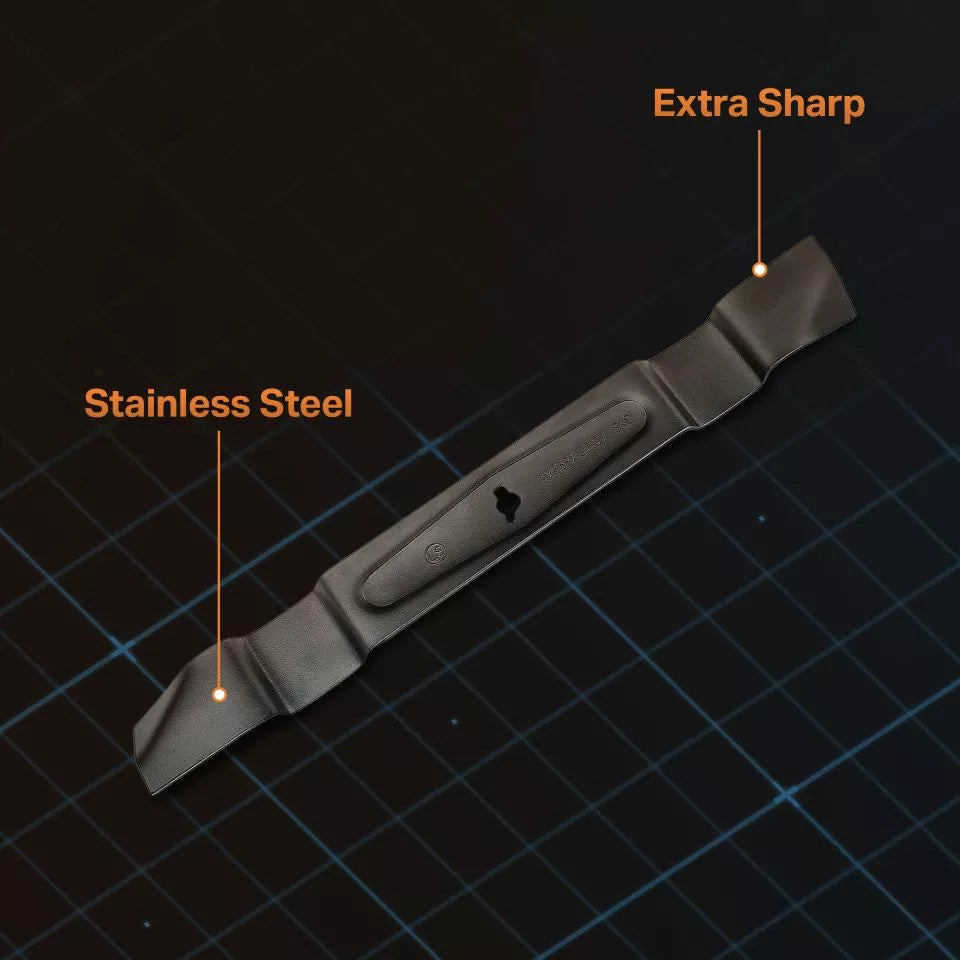 Knife blade with 'Stainless Steel' and 'Extra Sharp' labels on a dark background