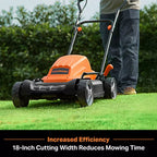 Orange lawn mower being used to mow grass with text about increased efficiency.