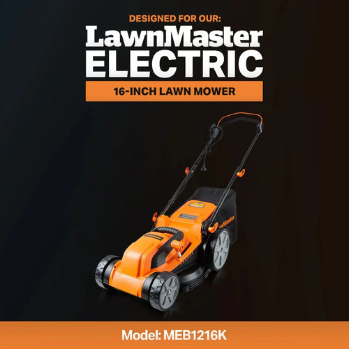 Orange LawnMaster electric lawn mower on a black background with text indicating model number MEB1216K.