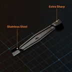 Black tool with 'Stainless Steel' and 'Extra Sharp' labels on a dark grid background