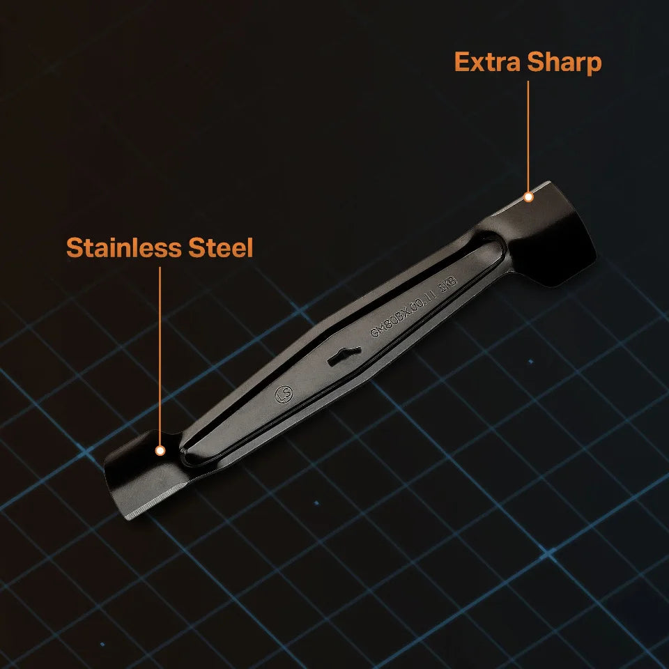 Black tool with 'Stainless Steel' and 'Extra Sharp' labels on a dark grid background
