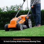 Person using an orange lawn mower to cut grass with text about increased efficiency.