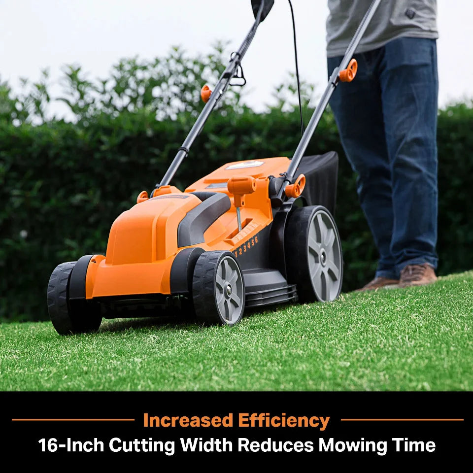 Person using an orange lawn mower to cut grass with text about increased efficiency.
