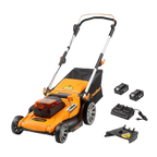 Orange lawn mower with accessories on a white background