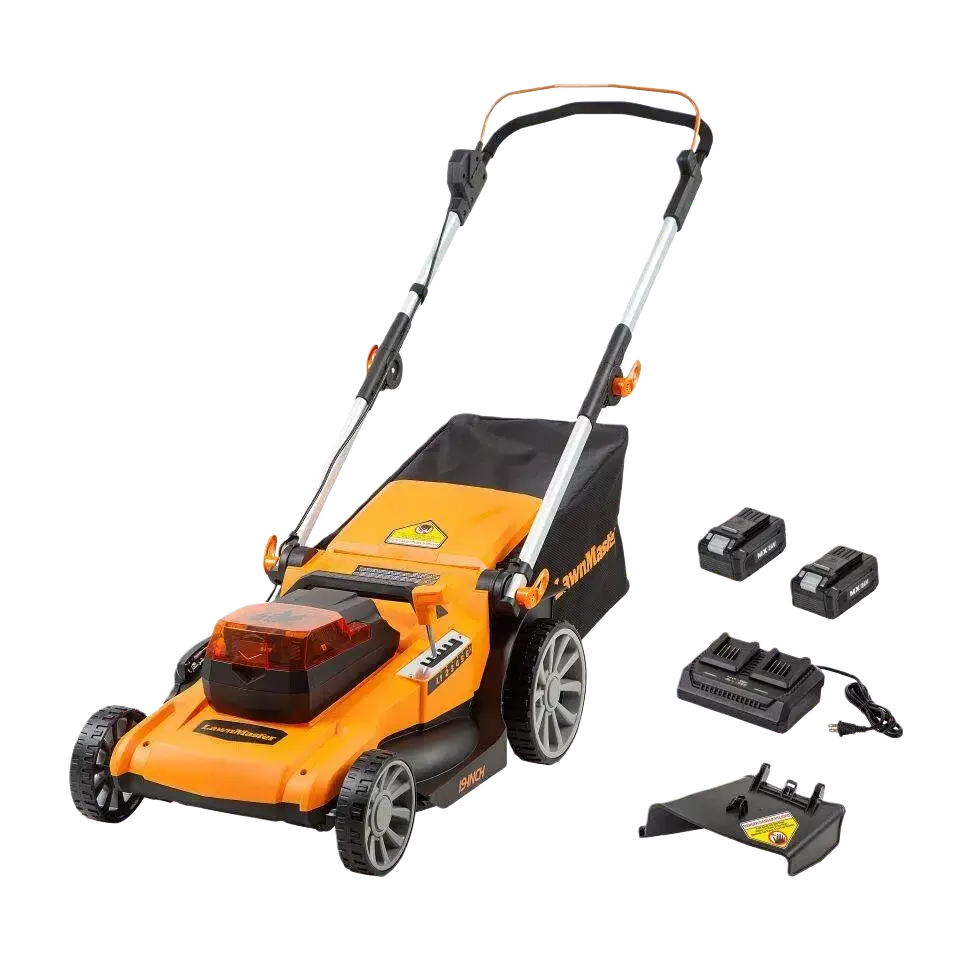 Orange lawn mower with accessories on a white background