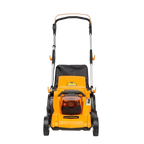 Yellow lawn mower on a white background