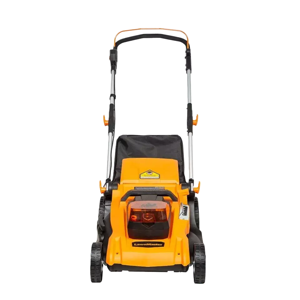 Yellow lawn mower on a white background
