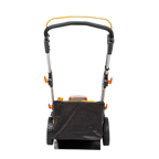 Push lawn mower with black bag on a white background