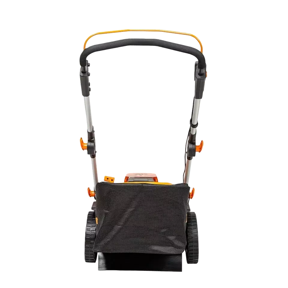 Push lawn mower with black bag on a white background