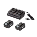 Battery charger with two MX-30V batteries on a white background