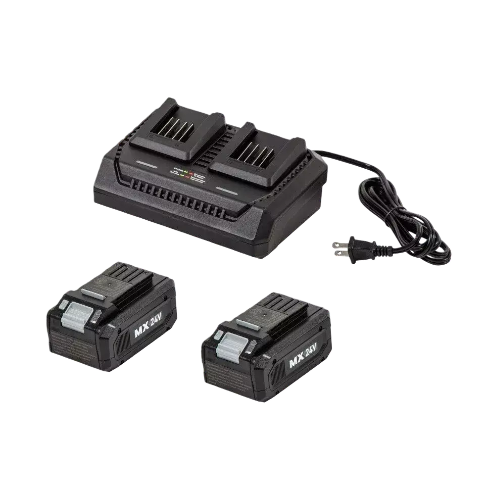 Battery charger with two MX-30V batteries on a white background