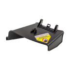 Black metal bracket with a warning label on a white background