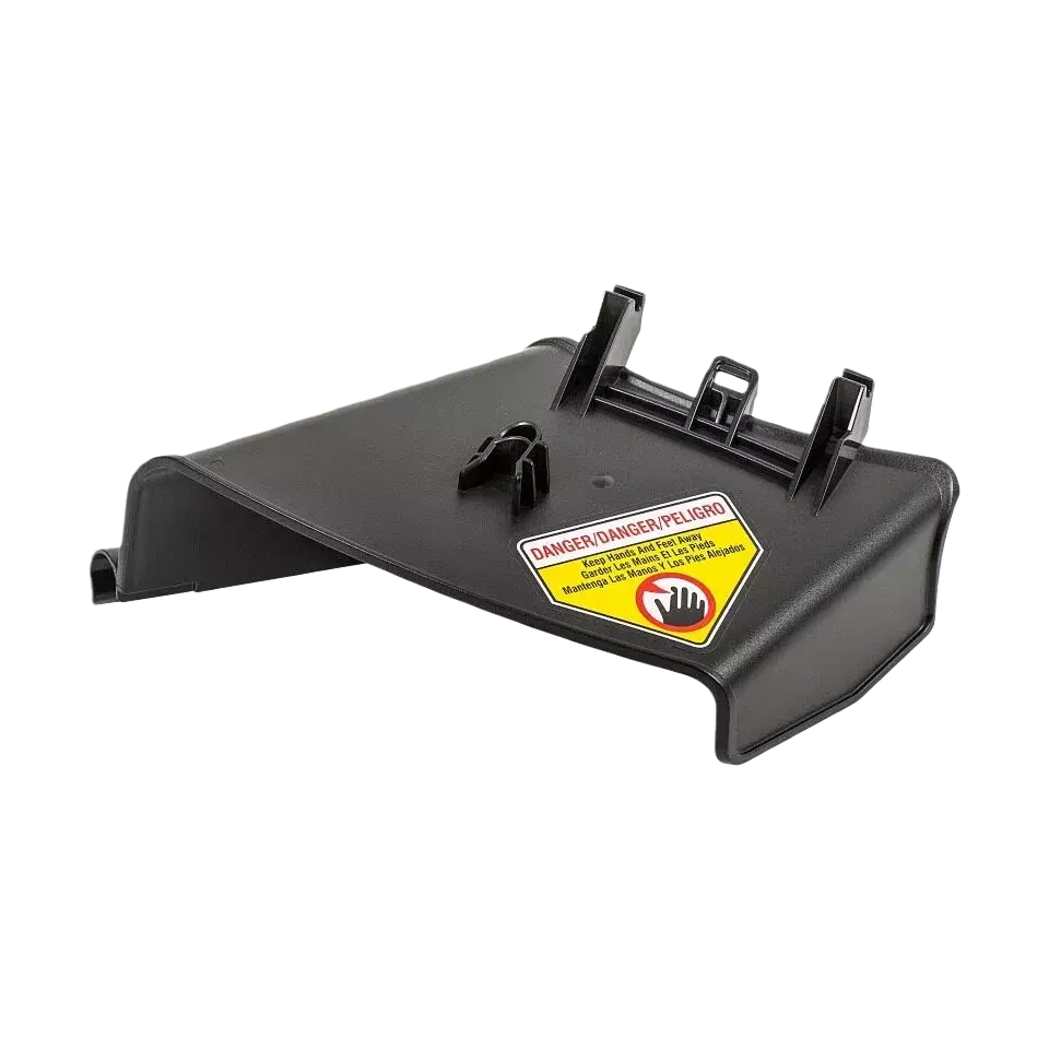 Black metal bracket with a warning label on a white background